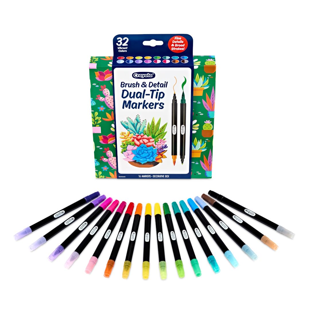 Crayola Brush & Detail Dual Tip Marker Set, 16 Markers, 32 Colors, Adult Coloring Markers, Gifts for Teens & Adults