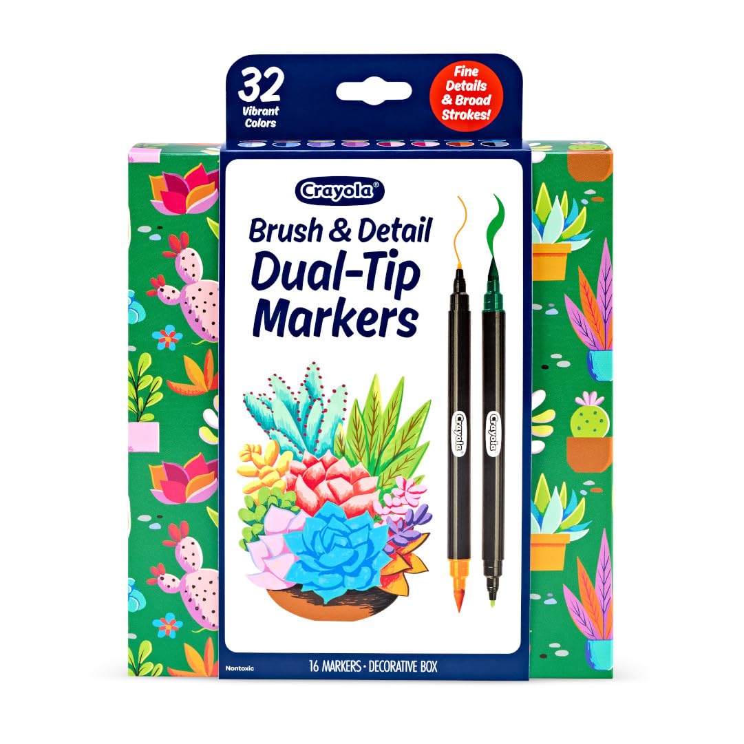 Crayola Brush & Detail Dual Tip Marker Set, 16 Markers, 32 Colors, Adult Coloring Markers, Gifts for Teens & Adults