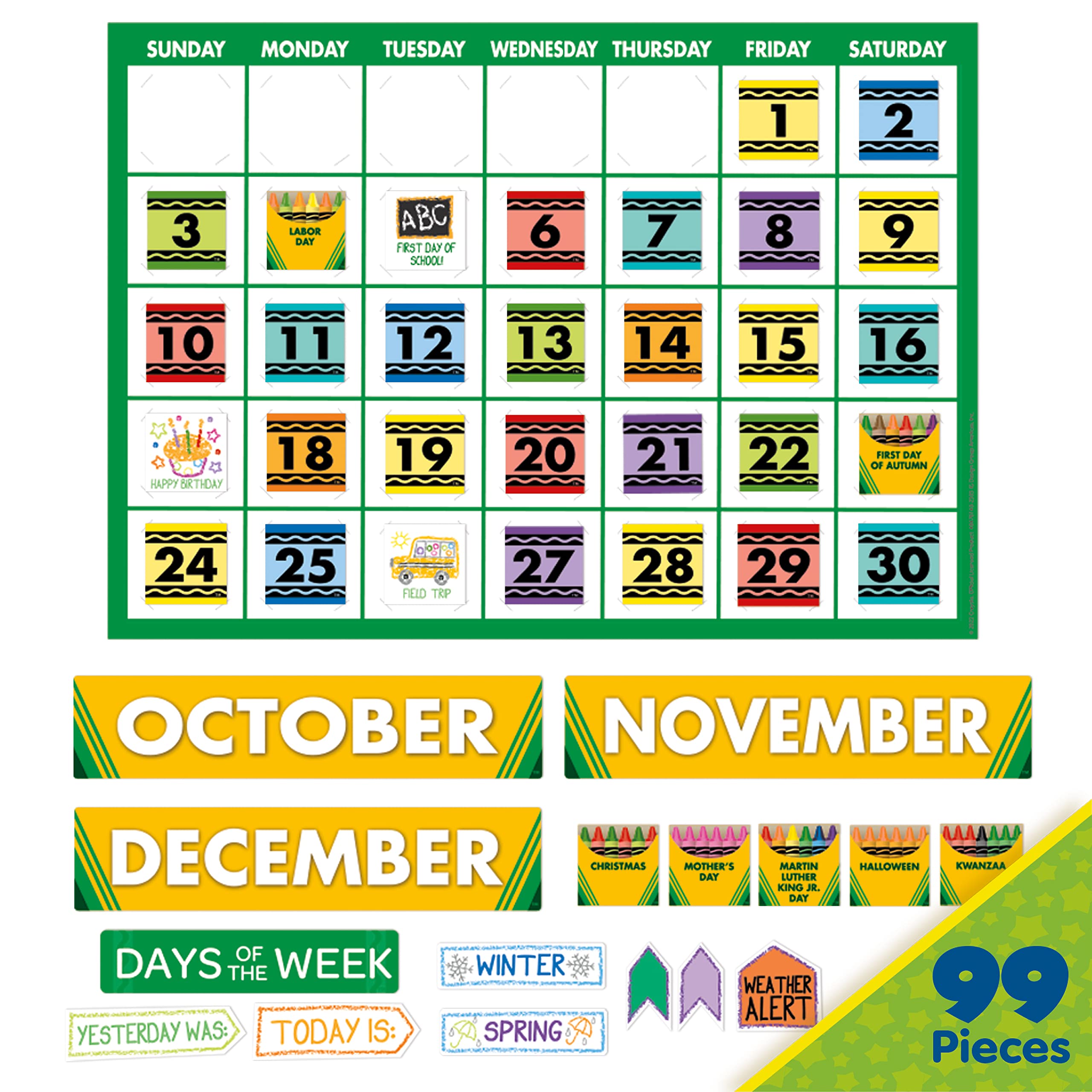 Eureka Crayola Colors and Shapes Classroom Calendar Bulletin Board Set for Teachers, 28 Pieces