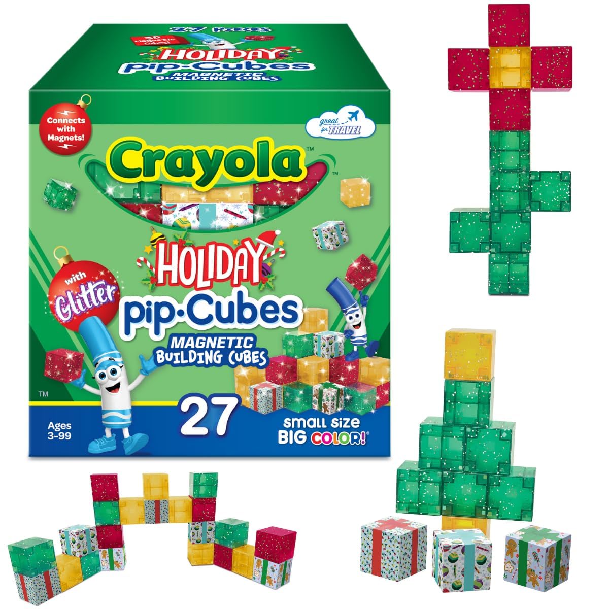 Crayola Holiday Magnetic PIP Cubes, Mini Magnetic Blocks Playset, STEM & Montessori Building & Educational Toys for Kids, Travel Toys for Boys and Girls Ages 3+, 27-Piece Set