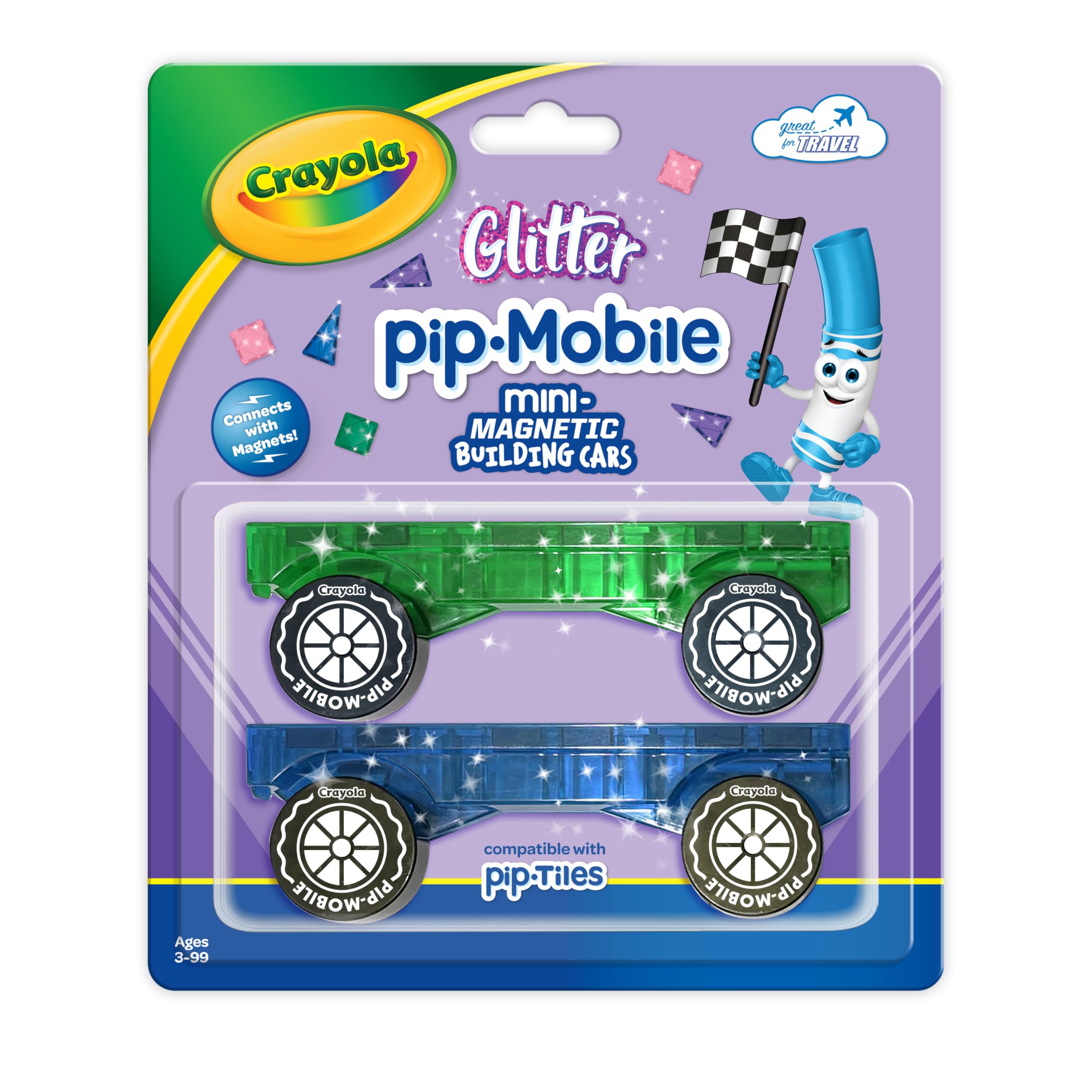 Crayola PIP-Mobiles Rolling Chassis Accessory for Magnetic Building Tiles – Add Wheels to Crayola PIP-Tile Sets – STEM Learning Toy for Kids Ages 3+ – Creative, Educational Toy - 2-Pack (Glitter)