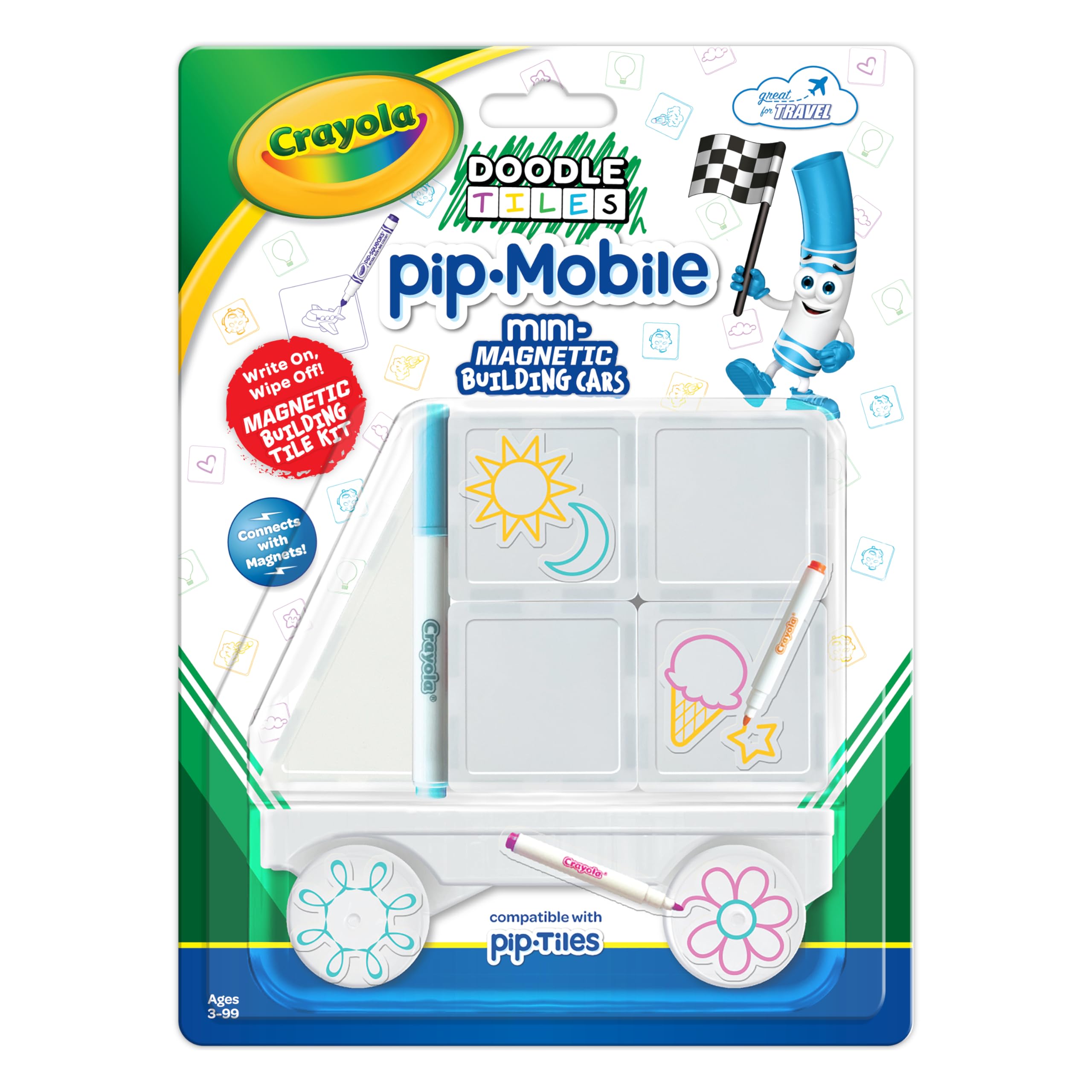 Crayola PIP-Mobile Rolling Chassis for Magnetic Building Tiles – Add Wheels to Crayola PIP-Tile Sets – STEM Learning Toy for Kids Ages 3+ – Creative, Reusable, Educational Travel Toy (Doodle)