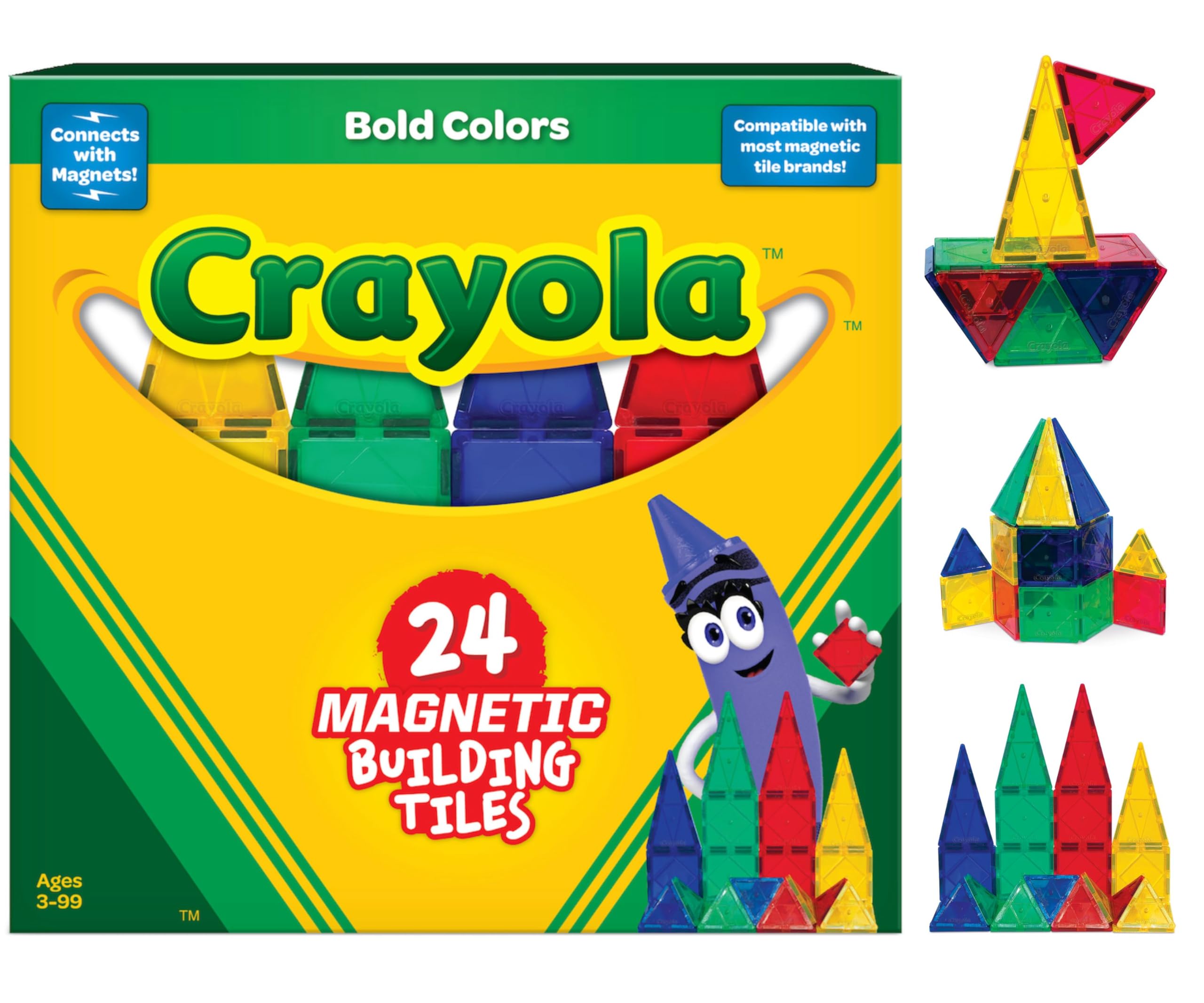 CreateOn Crayola Bold Magnetic Tiles, Building Set for Kids, Magnetic Tiles, Kids’ Building Toys, STEM and Montessori Toys for Boys and Girls Ages 3+, 24-Piece Set (Bold)
