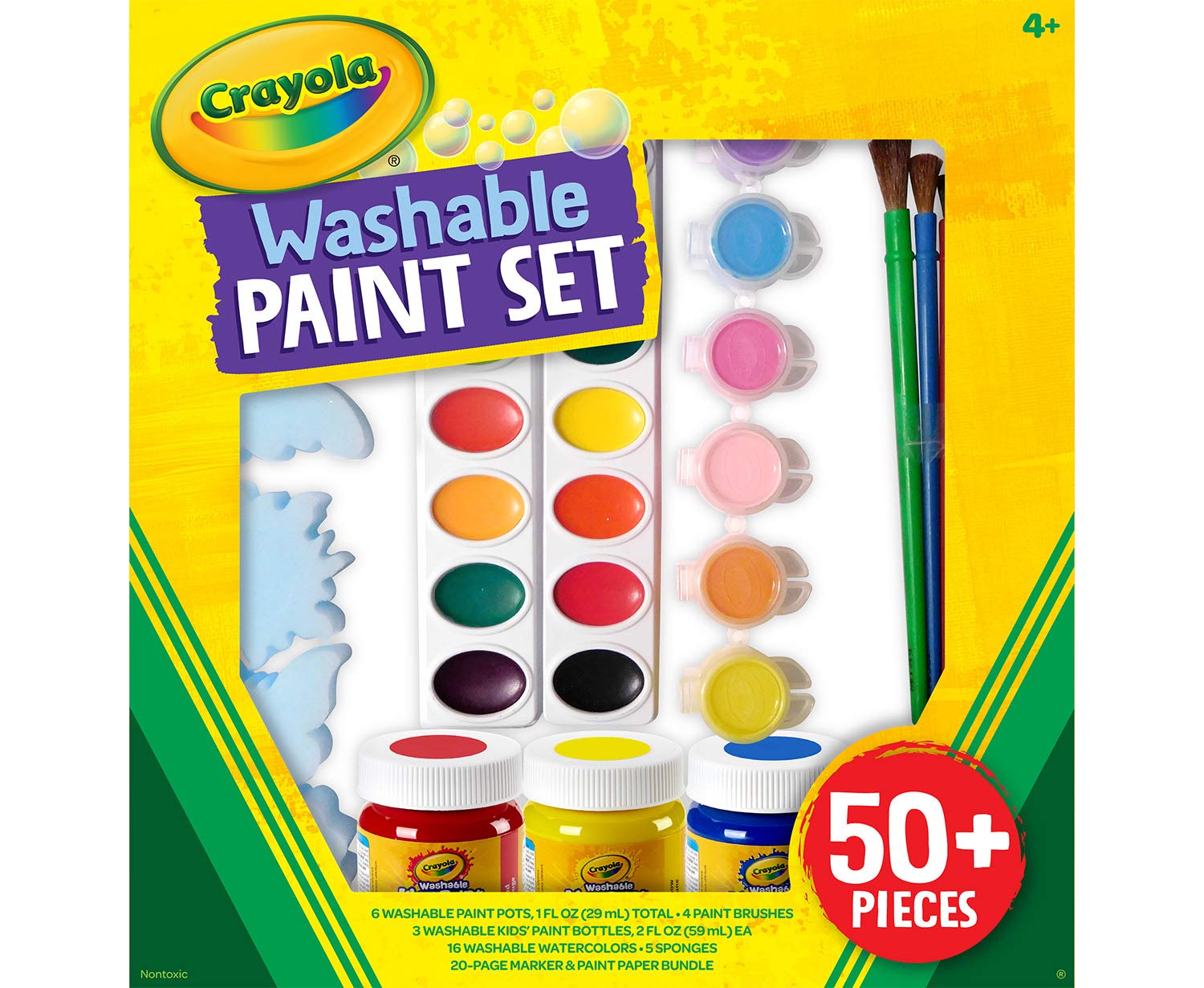 Crayola Washable Kids Paint Set (50pcs), Includes Watercolor & Washable Paints, Painting Paper, Paint Sponge, Kids Paint Brushes