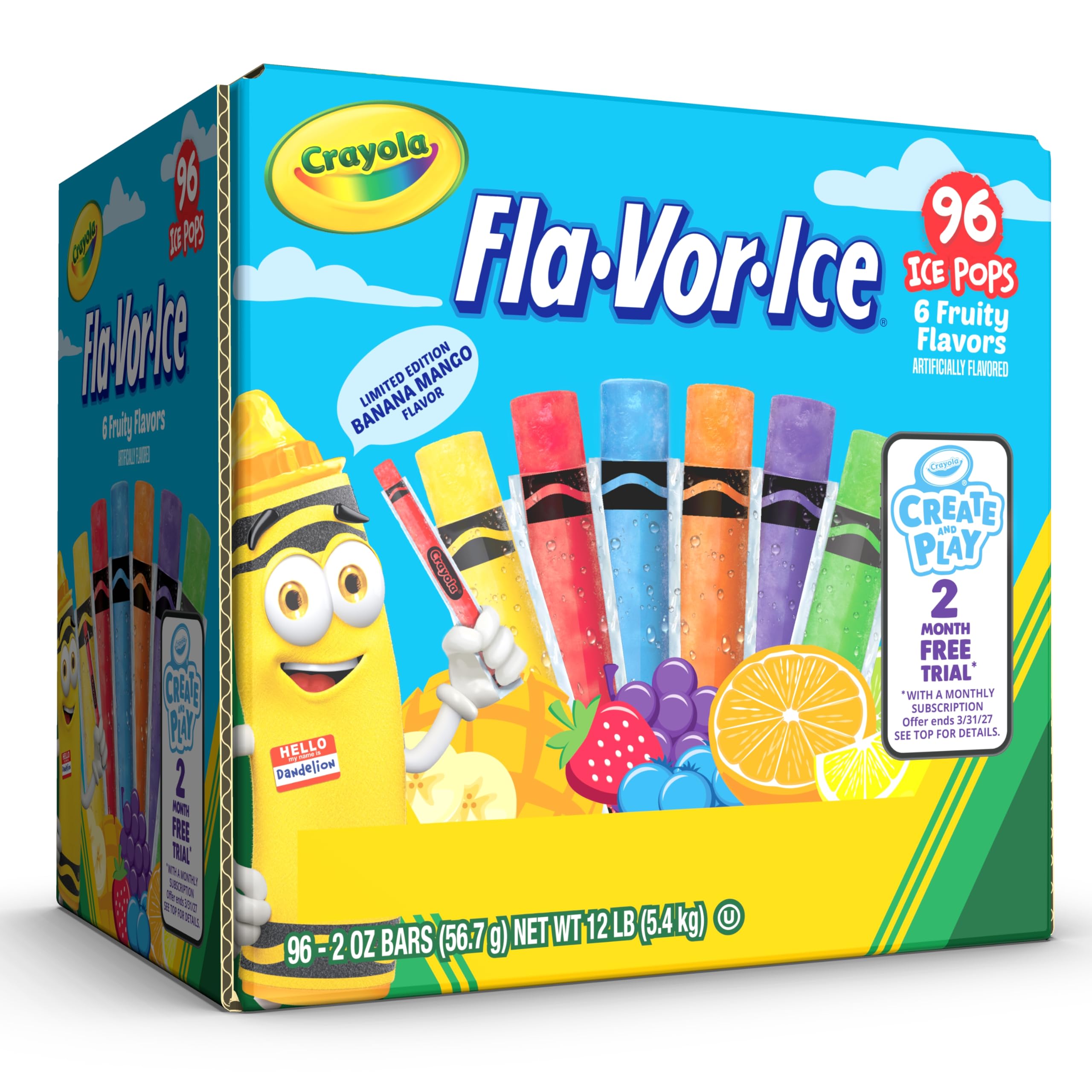 Crayola Fla-Vor-Ice Popsicle Variety Pack of 2 Oz Freezer Bars, Assorted Flavors, Banana Mango, Strawberry, Berry Punch, Orange, Grape, Lemon-Lime 96 Count