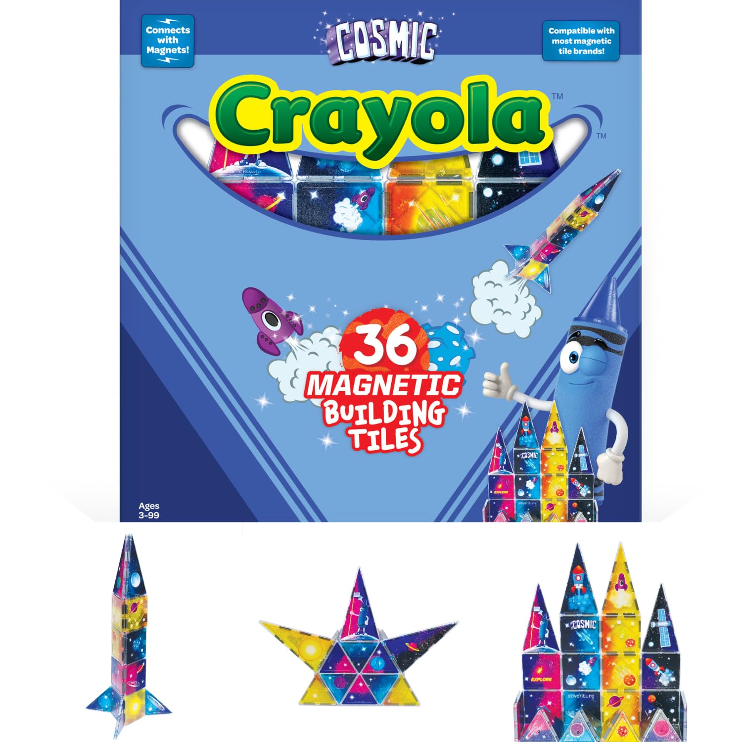 CreateOn Crayola Cosmic Magnetic Tiles, Building Set for Kids, Magnetic Building Toys for Kids, STEM Learning Toys for Boys and Girls Ages 3 and Up - 36-Pieces (Cosmic)
