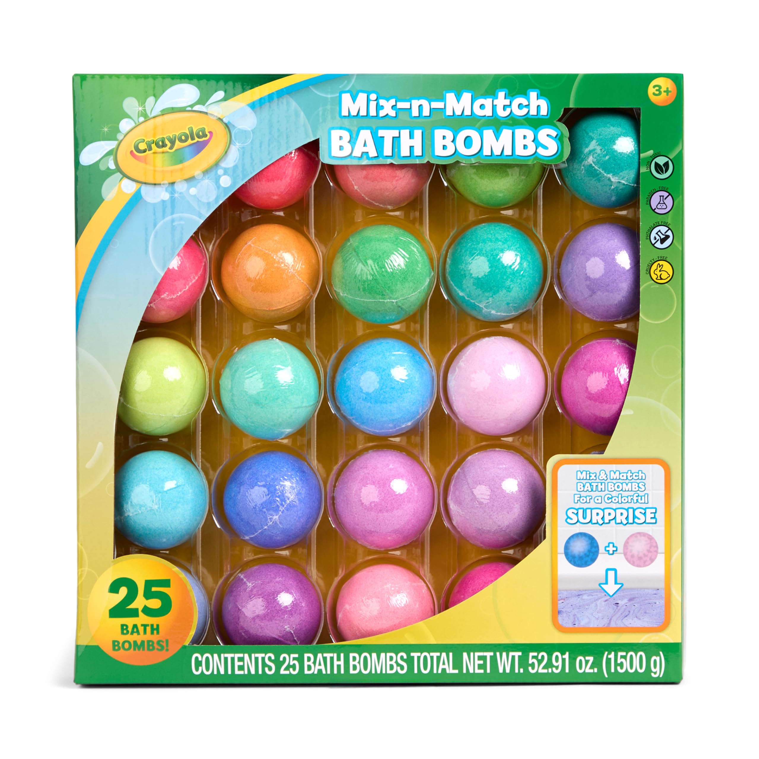 Crayola Color-Twist Bath Bombs 25 Deluxe Pack, Color Changing Bath Bombs in Classic Crayola Colors with Surprise Colored Inside, Color Your Bath Non-Toxic Bathbomb Fizzies for Boys & Girls