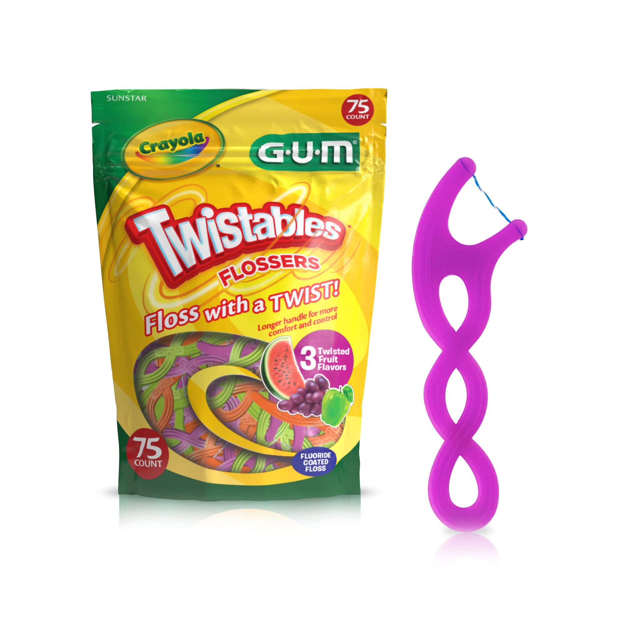 GUM Crayola Twistables Kids Flossers with Fluoride - Designed for Little Hands - Three Fun Fruit Flavors - Easy to Use Kids Floss Picks for Children Ages 3+, 75 Count