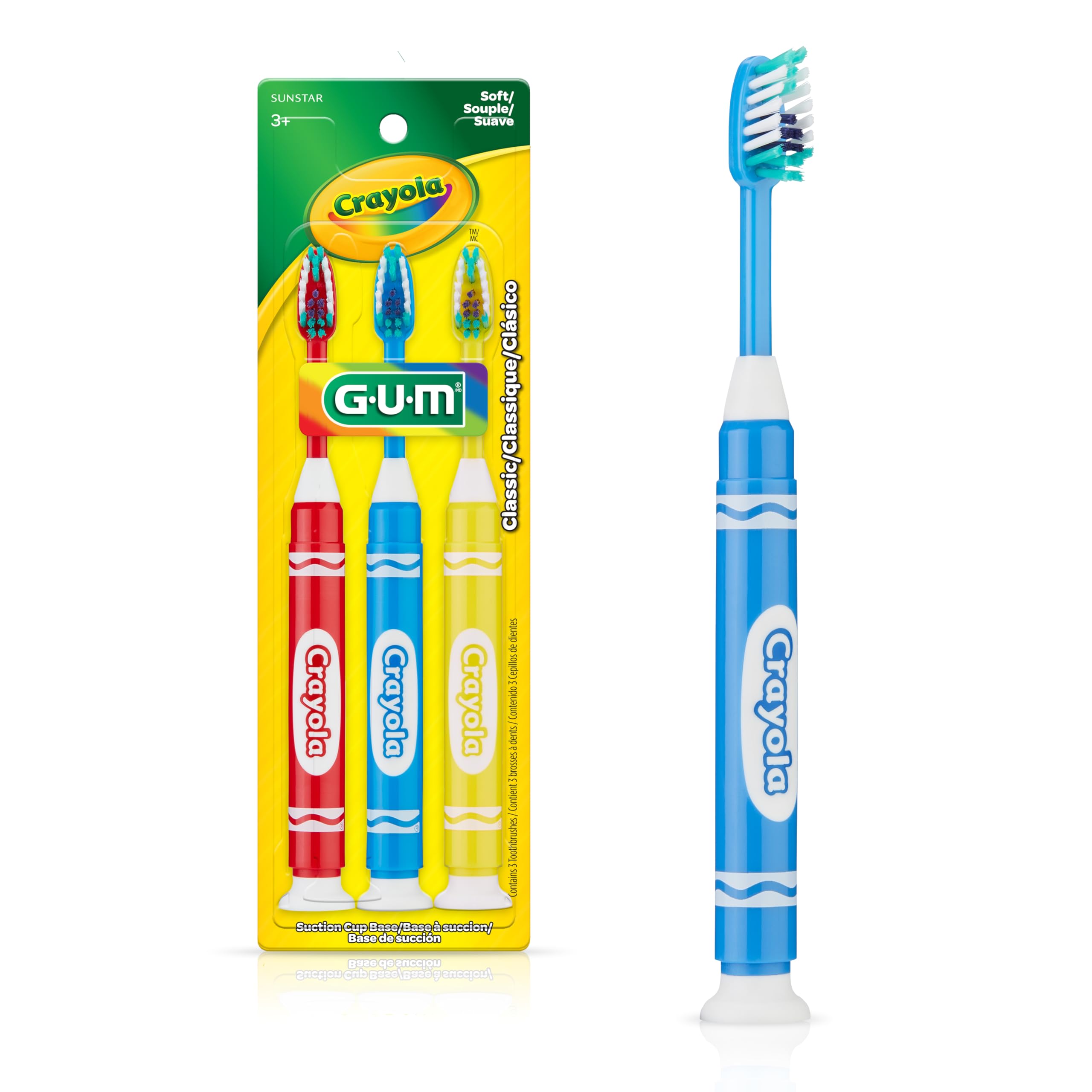 GUM Crayola Marker Children’s Toothbrush, Soft Bristled Kids’ Toothbrush Set Age 3+, Suction Cup Base, 3 Count