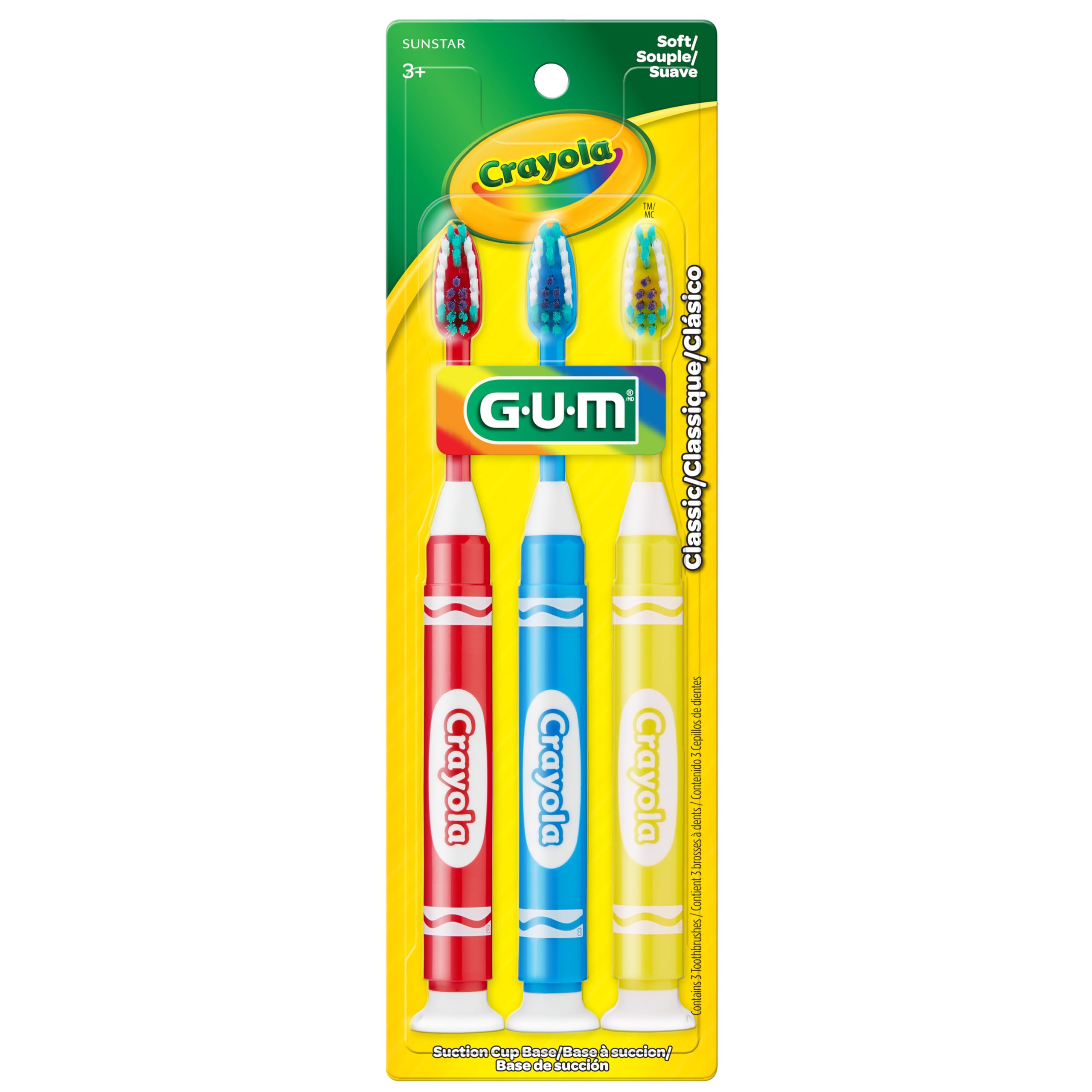GUM Crayola Marker Children’s Toothbrush, Soft Bristled Kids’ Toothbrush Set Age 3+, Suction Cup Base, 3 Count