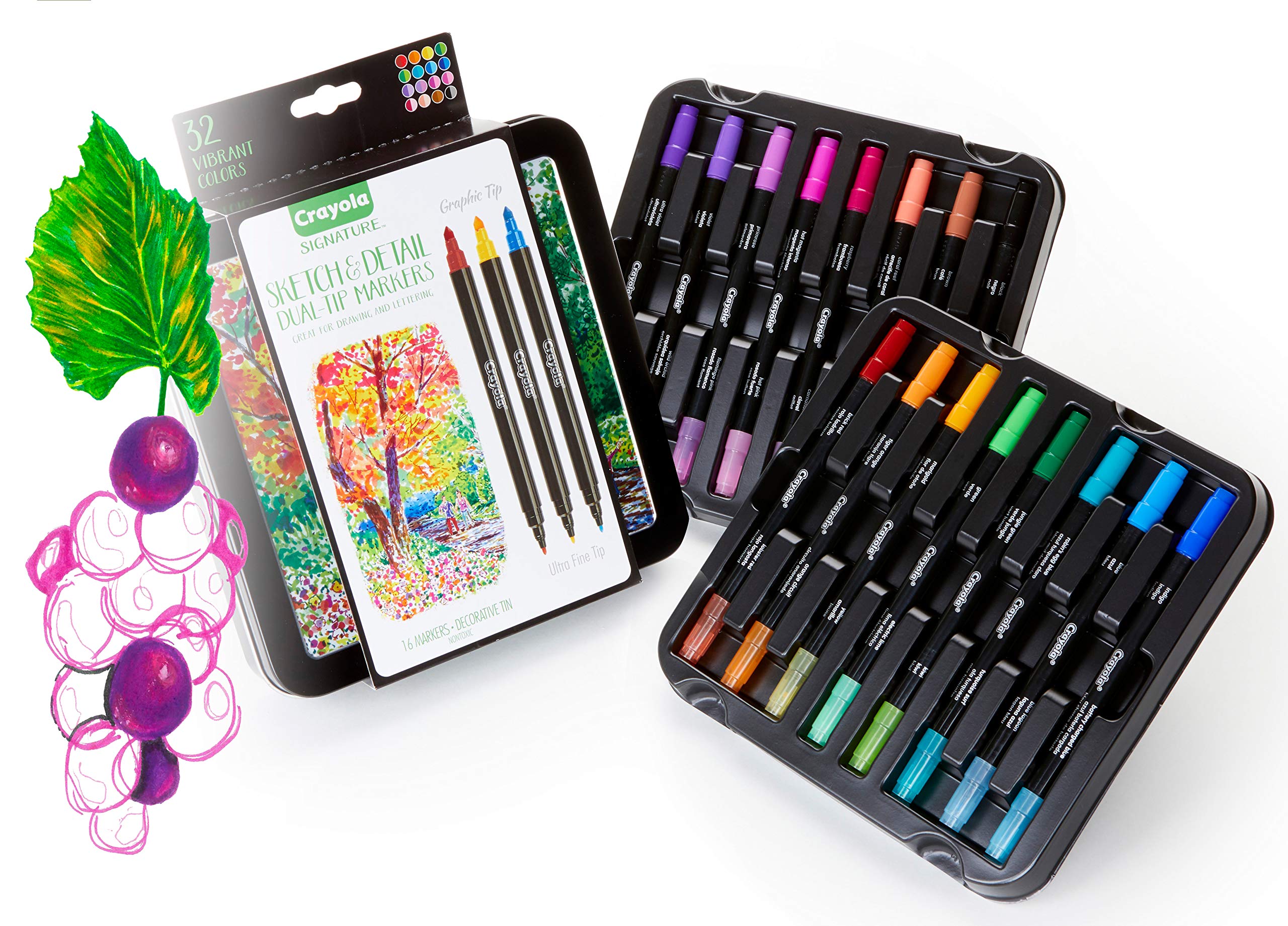 Crayola Sketch & Detail Dual-Tip Markers (16ct), Adult Coloring Set, 32 Colors, Fine & Brush Tip Art Markers, For Calligraphy & Drawing