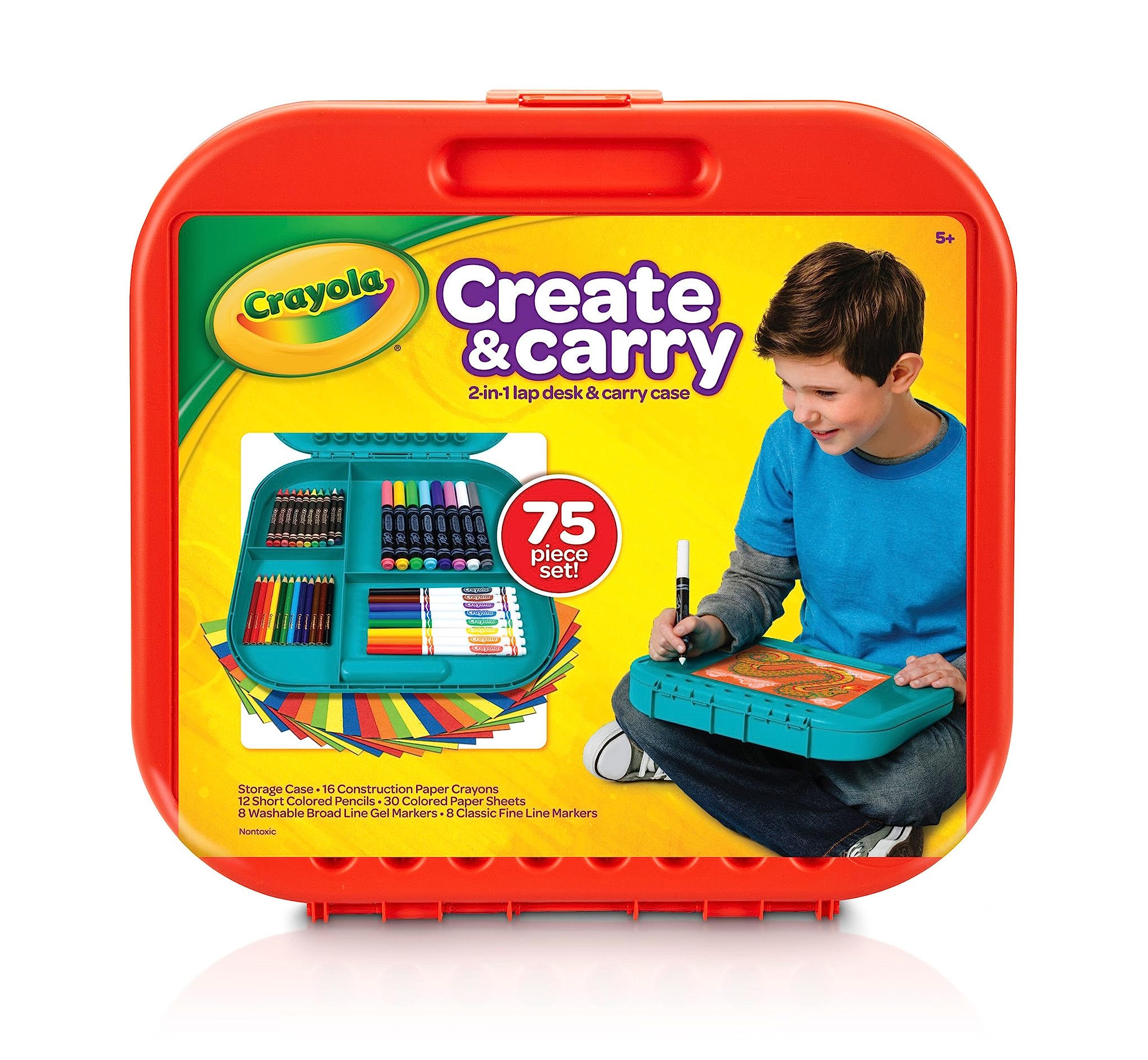 Crayola Create 'N Carry Travel Art Set for Kids (75pcs), 2-in-1 Lap Desk & Carrying Case, Holiday for Kids, Art Supplies Kit for Crafting, Drawing & Coloring