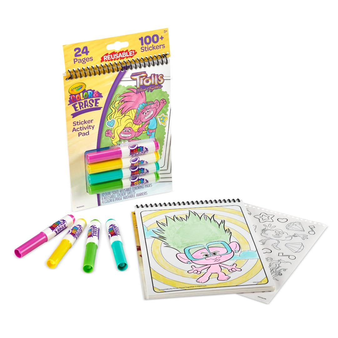 Crayola Trolls Color & Erase Sticker Activity Pad, 12 Reusable Trolls Coloring Pages & 100 Stickers, Gift