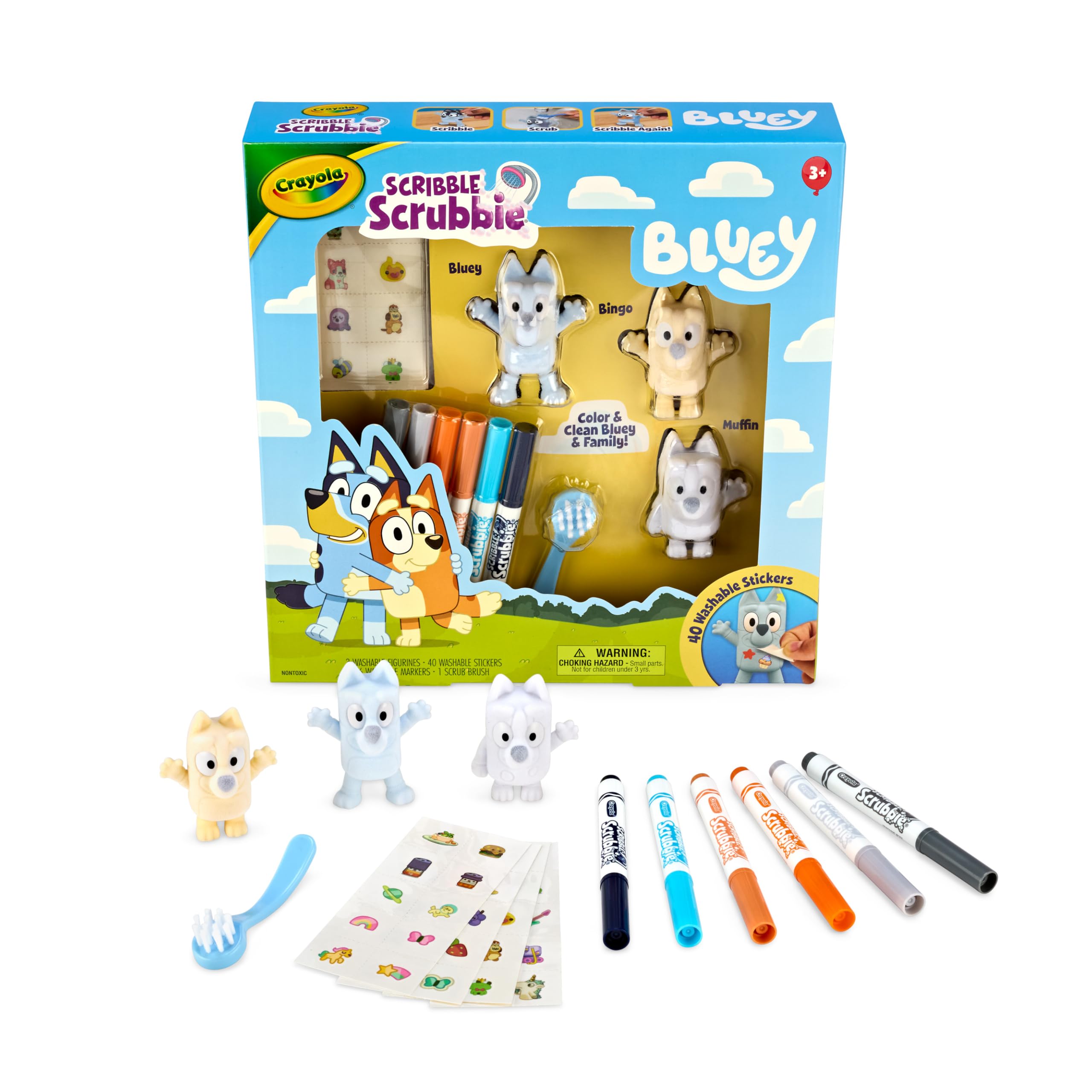 Crayola Scribble Scrubbies Deluxe Bluey Playset (3ct), Toddler Arts & Crafts Kit, Washable Stickers, Bluey Toys, for Grandkids, Ages 3+