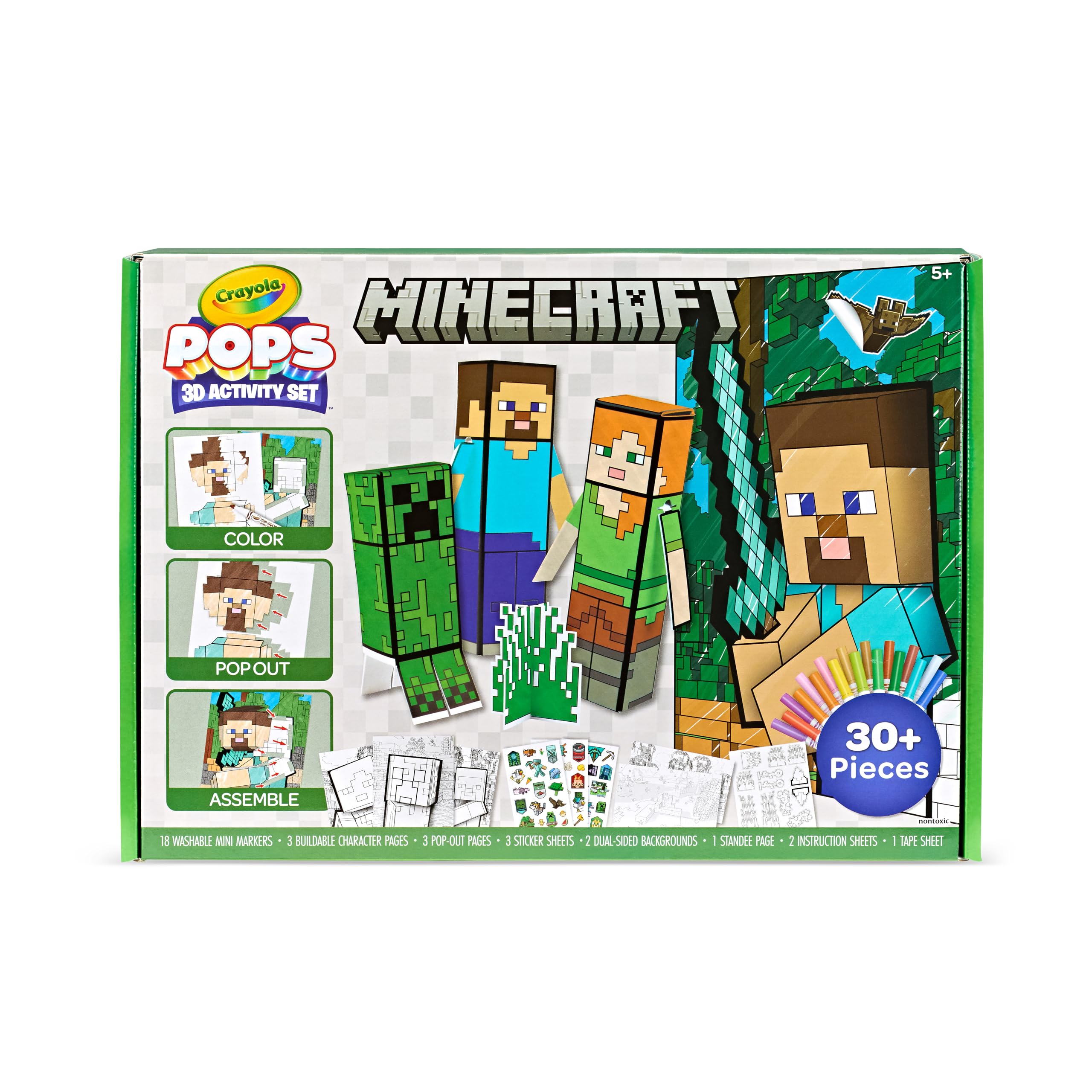 Crayola Minecraft POPs 3D Art Kit for Kids, Create 3D Characters, Coloring Activity Set with Markers & Stickers, Minecraft Toys, Gift for Boys & Girls